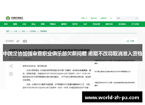 中国足协加强审查职业俱乐部欠薪问题 逾期不改将取消准入资格