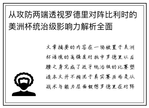 从攻防两端透视罗德里对阵比利时的美洲杯统治级影响力解析全面