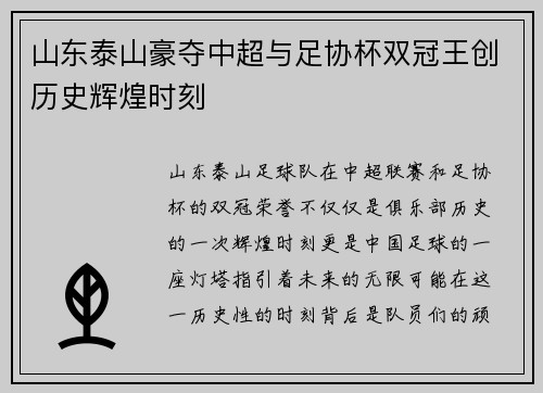 山东泰山豪夺中超与足协杯双冠王创历史辉煌时刻